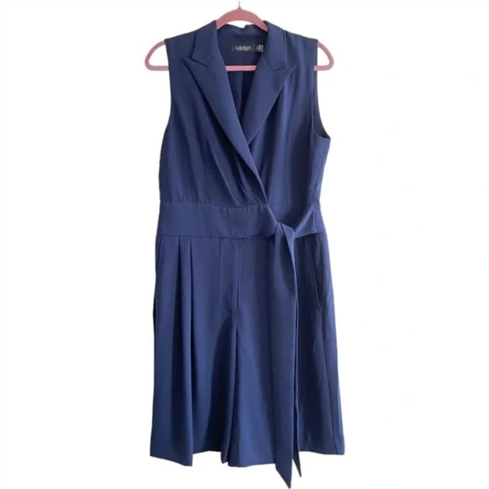 Lauren Ralph Lauren Belted Georgette Sleeveless Romper Refined Navy Size 10 - Picture 6 of 14